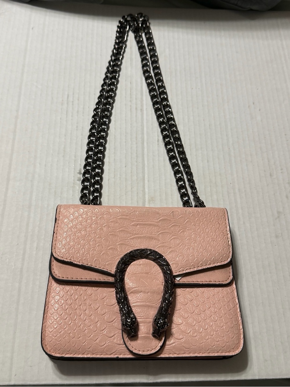 Pink Faux Croc Embossed Crossbody Shoulder Bag Black Chain Snake Buckle Purse